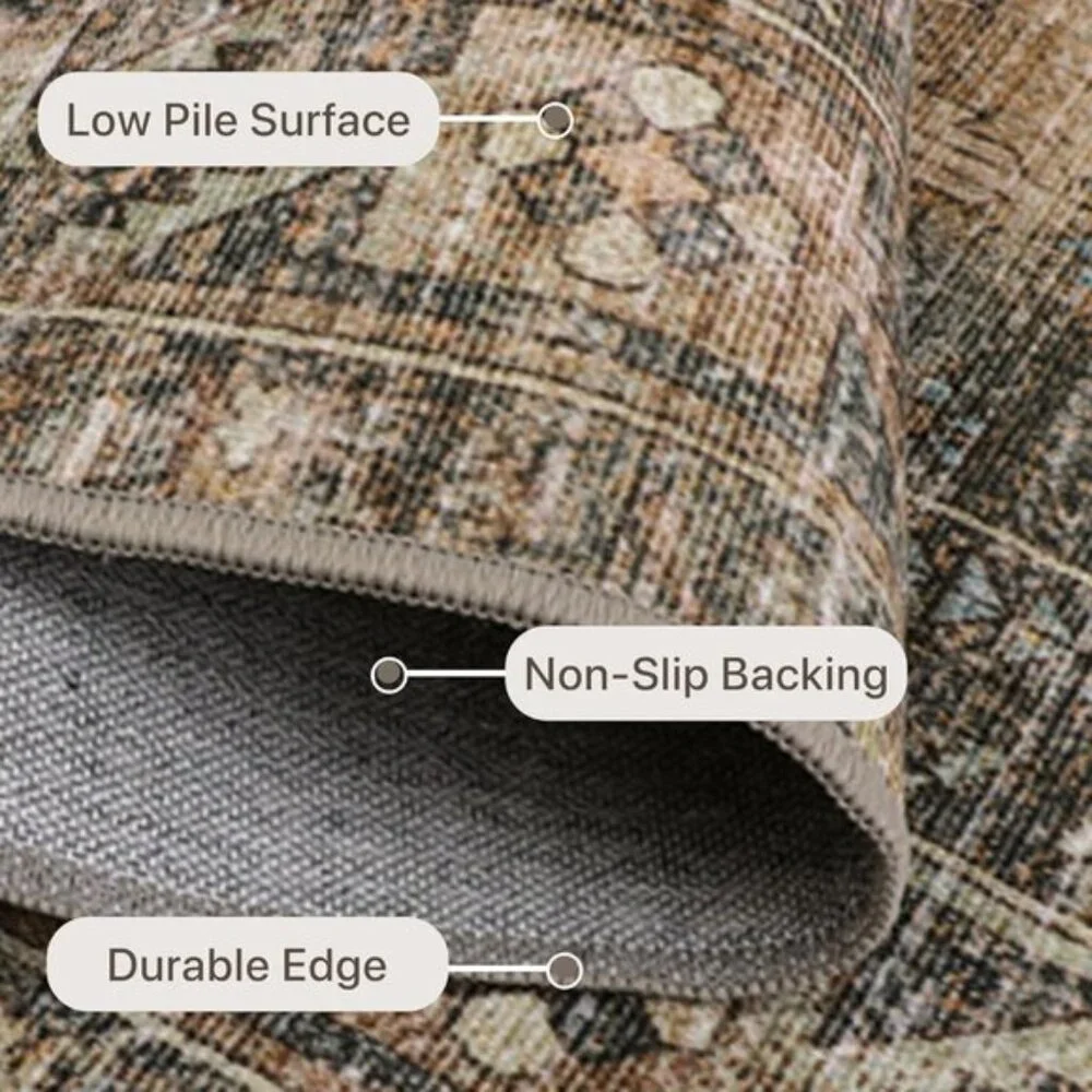 New 5x7 Washable Area Rug, Warm Taupe Vintage Low Pile Non-Slip Carpet for Home